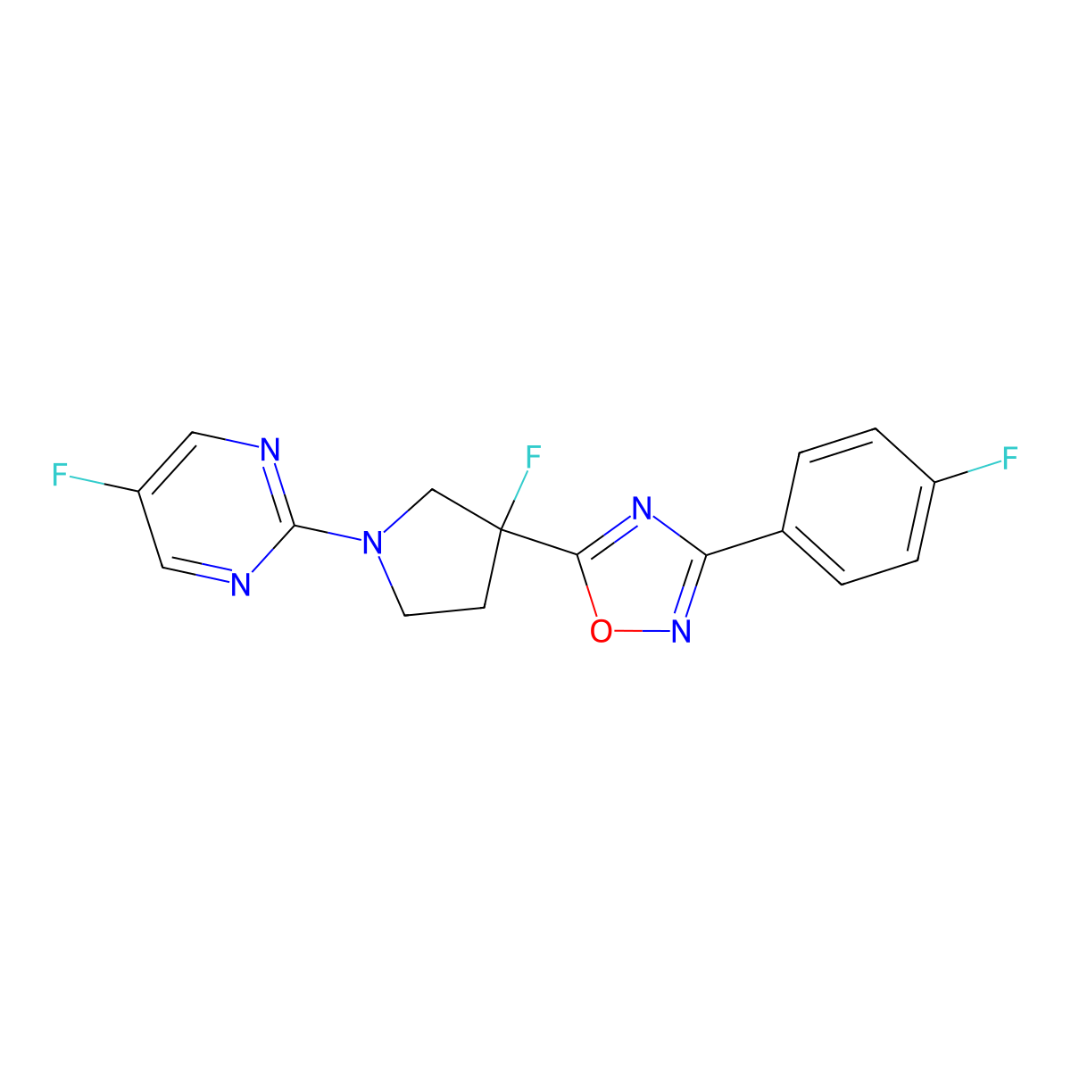 5-Fluoro-2-{3-fluoro-3-[3-(4-fluorophenyl)-1,2,4-oxadiazol-5-yl]pyrrolidin-1-yl}pyrimidine molecular structure, CAS 2877719-70-3