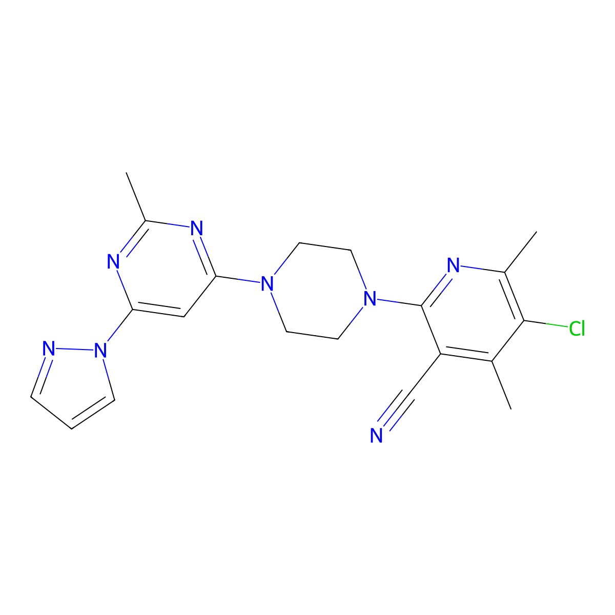 5-chloro-4,6-dimethyl-2-{4-[2-methyl-6-(1H-pyrazol-1-yl)pyrimidin-4-yl]piperazin-1-yl}pyridine-3-carbonitrile molecular structure, CAS 2877719-72-5