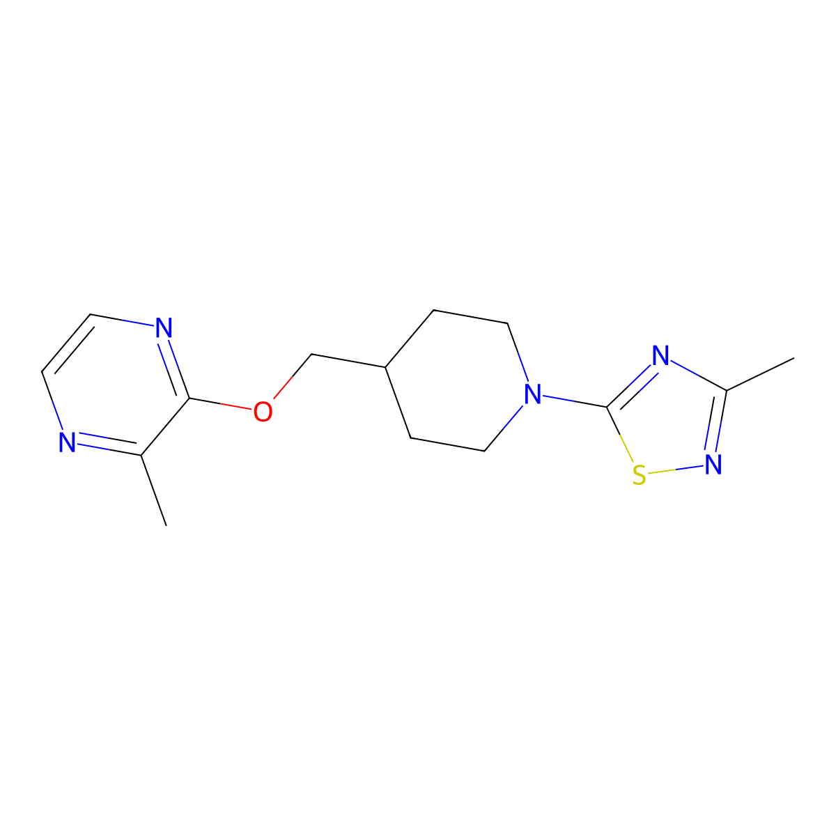 2-Methyl-3-{[1-(3-methyl-1,2,4-thiadiazol-5-yl)piperidin-4-yl]methoxy}pyrazine molecular structure, CAS 2877720-42-6