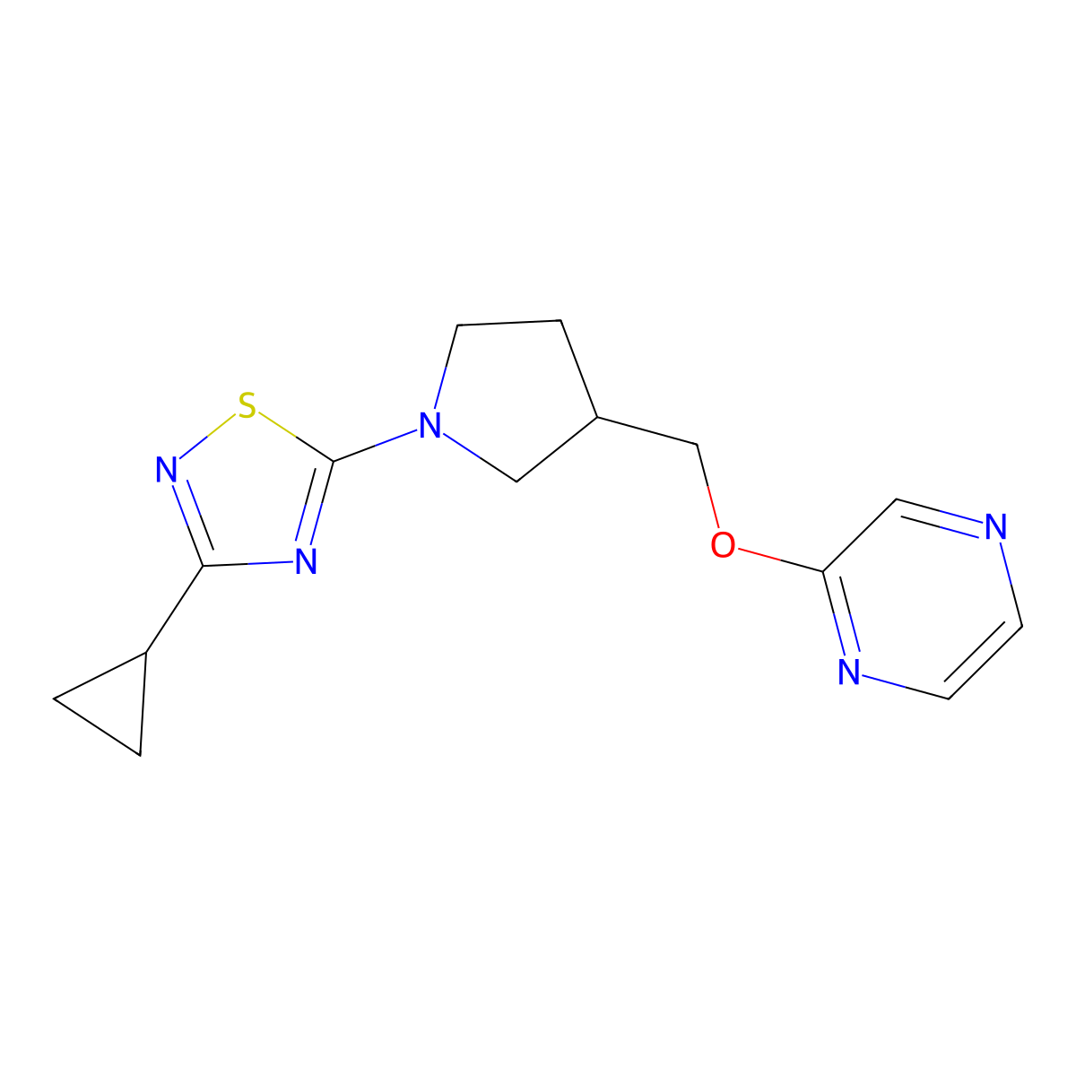 2-{[1-(3-Cyclopropyl-1,2,4-thiadiazol-5-yl)pyrrolidin-3-yl]methoxy}pyrazine molecular structure, CAS 2877720-46-0