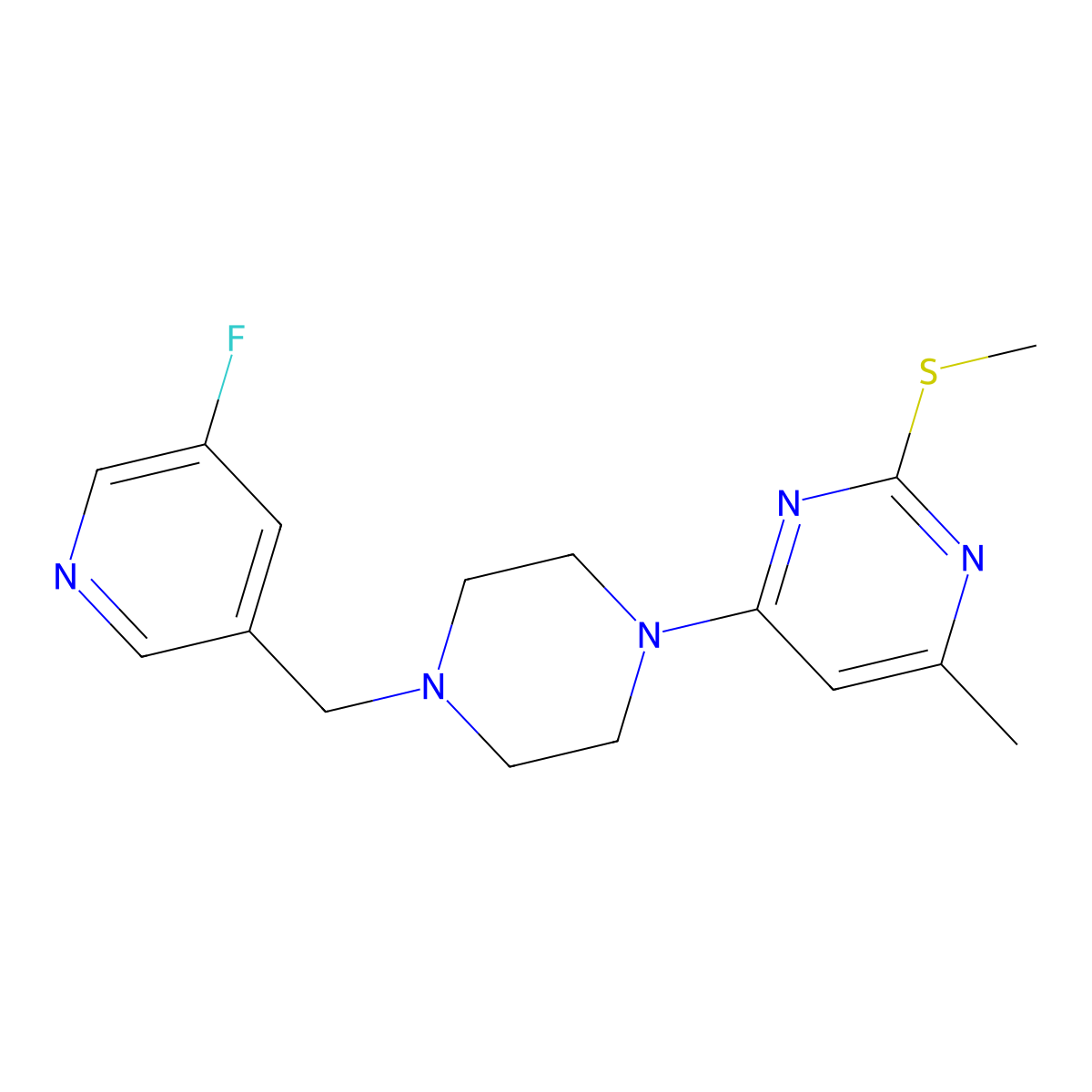 4-{4-[(5-Fluoropyridin-3-yl)methyl]piperazin-1-yl}-6-methyl-2-(methylsulfanyl)pyrimidine molecular structure, CAS 2877720-55-1