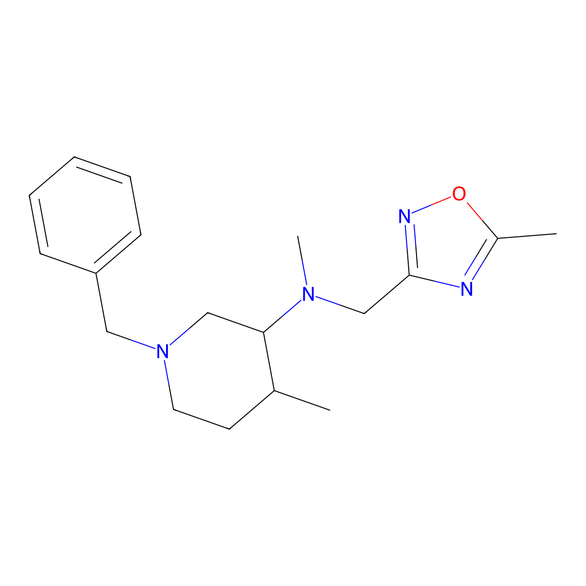 (3R,4R)-1-benzyl-N,4-dimethyl-N-[(5-methyl-1,2,4-oxadiazol-3-yl)methyl]piperidin-3-amine molecular structure, CAS 2877720-57-3