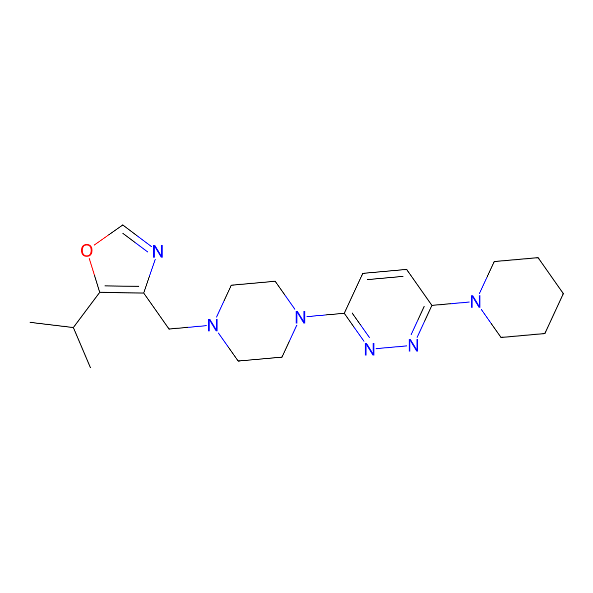 3-(Piperidin-1-yl)-6-(4-{[5-(propan-2-yl)-1,3-oxazol-4-yl]methyl}piperazin-1-yl)pyridazine molecular structure, CAS 2877720-61-9