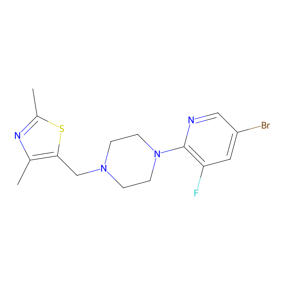 1-(5-Bromo-3-fluoropyridin-2-yl)-4-[(2,4-dimethyl-1,3-thiazol-5-yl)methyl]piperazine molecular structure, CAS 2877720-63-1