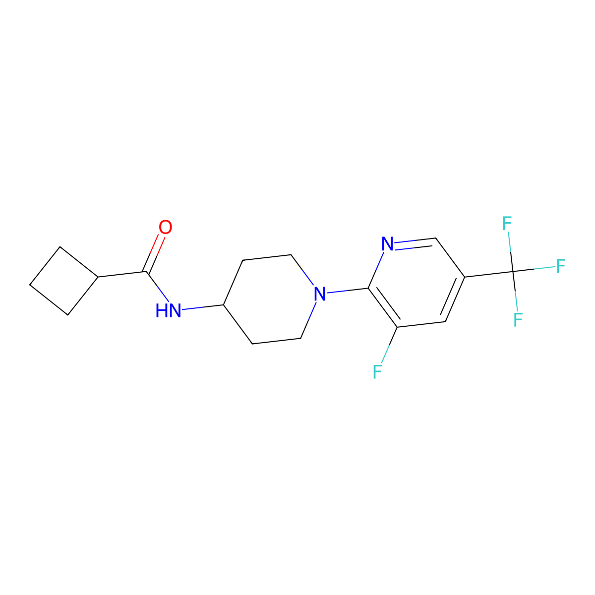 N-{1-[3-fluoro-5-(trifluoromethyl)pyridin-2-yl]piperidin-4-yl}cyclobutanecarboxamide molecular structure, CAS 2877720-68-6