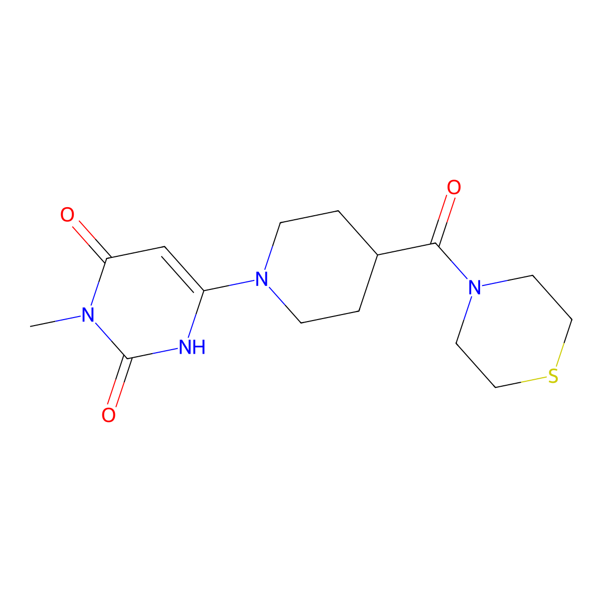 3-Methyl-6-[4-(thiomorpholine-4-carbonyl)piperidin-1-yl]-1,2,3,4-tetrahydropyrimidine-2,4-dione molecular structure, CAS 2877720-70-0