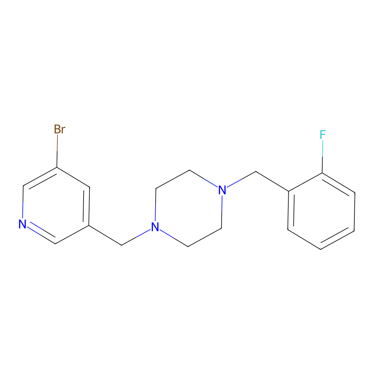 1-[(5-Bromopyridin-3-yl)methyl]-4-[(2-fluorophenyl)methyl]piperazine molecular structure, CAS 2877720-71-1