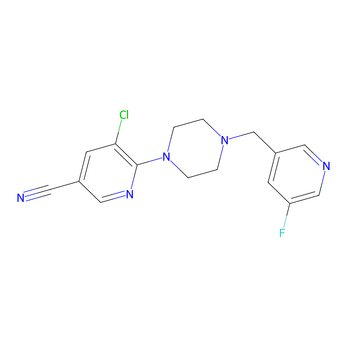5-Chloro-6-{4-[(5-fluoropyridin-3-yl)methyl]piperazin-1-yl}pyridine-3-carbonitrile molecular structure, CAS 2877720-75-5