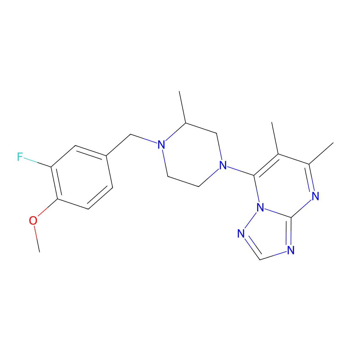 4-{5,6-Dimethyl-[1,2,4]triazolo[1,5-a]pyrimidin-7-yl}-1-[(3-fluoro-4-methoxyphenyl)methyl]-2-methylpiperazine molecular structure, CAS 2877720-95-9