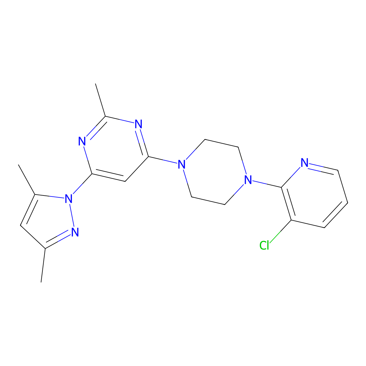 4-[4-(3-chloropyridin-2-yl)piperazin-1-yl]-6-(3,5-dimethyl-1H-pyrazol-1-yl)-2-methylpyrimidine molecular structure, CAS 2877720-98-2