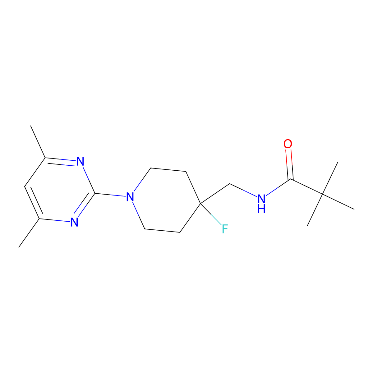 N-{[1-(4,6-dimethylpyrimidin-2-yl)-4-fluoropiperidin-4-yl]methyl}-2,2-dimethylpropanamide molecular structure, CAS 2877721-02-1