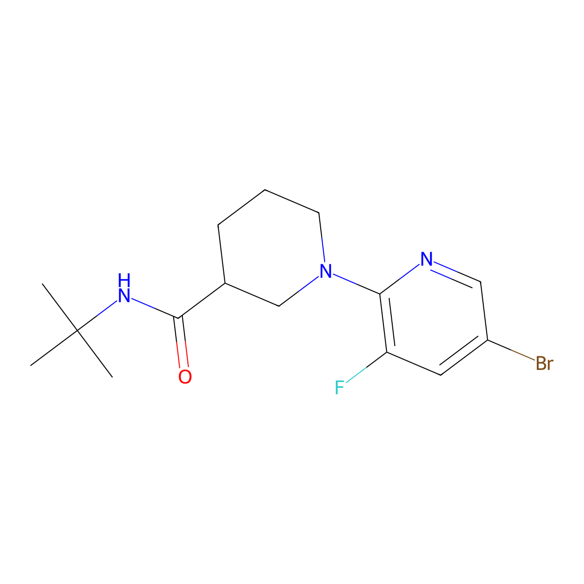 1-(5-bromo-3-fluoropyridin-2-yl)-N-tert-butylpiperidine-3-carboxamide molecular structure, CAS 2877721-05-4