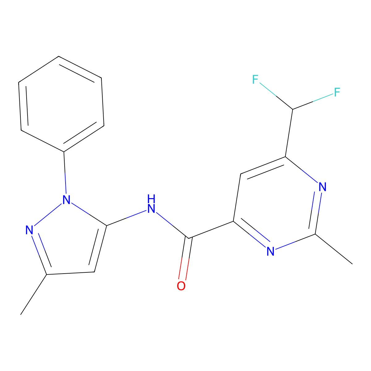 6-(difluoromethyl)-2-methyl-N-(3-methyl-1-phenyl-1H-pyrazol-5-yl)pyrimidine-4-carboxamide molecular structure, CAS 2877721-13-4