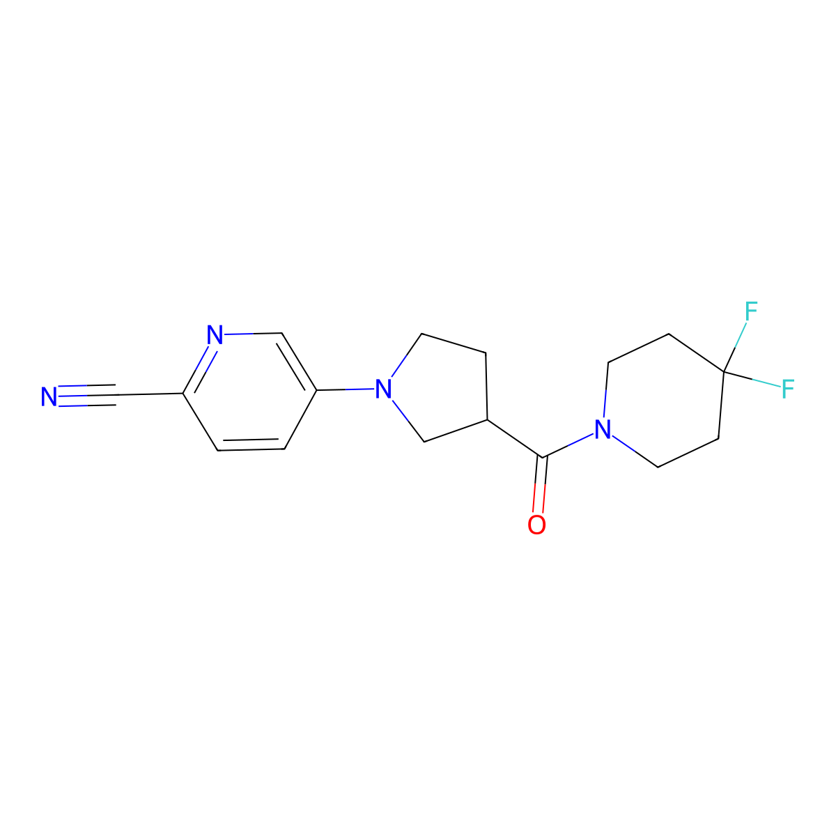 5-[3-(4,4-Difluoropiperidine-1-carbonyl)pyrrolidin-1-yl]pyridine-2-carbonitrile molecular structure, CAS 2877721-22-5