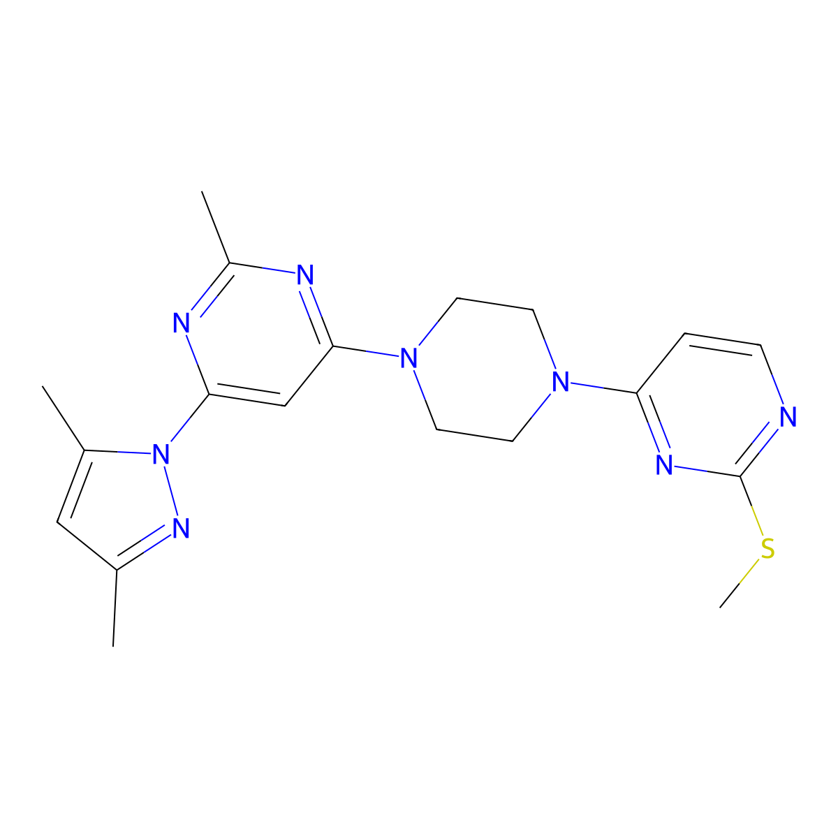 4-(3,5-dimethyl-1H-pyrazol-1-yl)-2-methyl-6-{4-[2-(methylsulfanyl)pyrimidin-4-yl]piperazin-1-yl}pyrimidine molecular structure, CAS 2877721-24-7