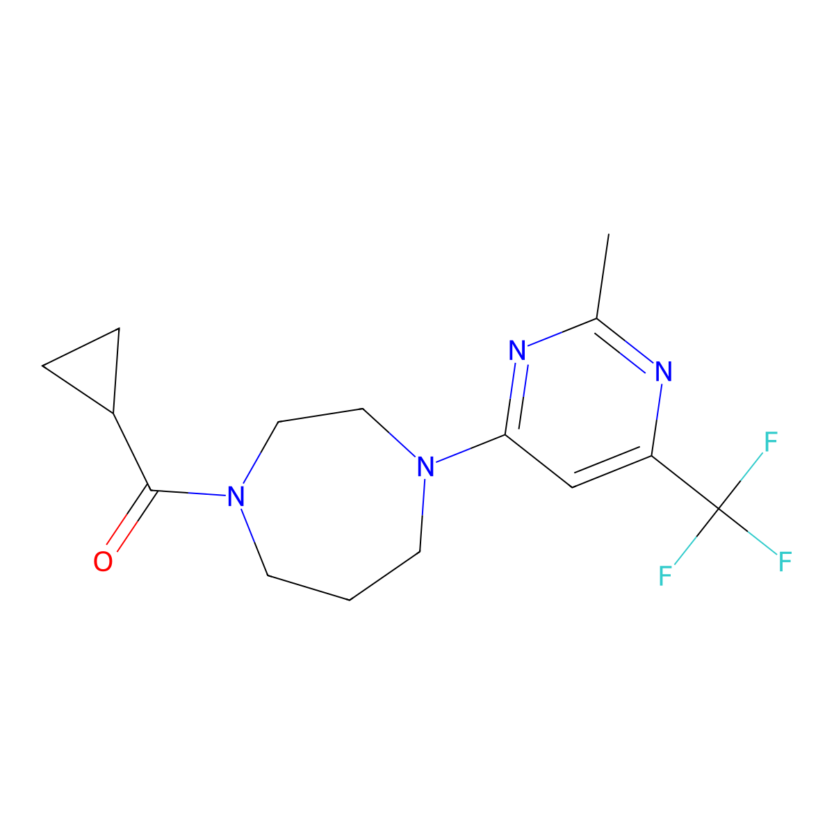 1-Cyclopropanecarbonyl-4-[2-methyl-6-(trifluoromethyl)pyrimidin-4-yl]-1,4-diazepane molecular structure, CAS 2877721-26-9