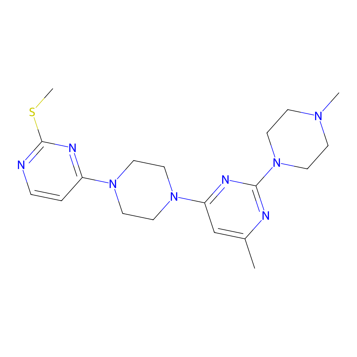 4-Methyl-2-(4-methylpiperazin-1-yl)-6-{4-[2-(methylsulfanyl)pyrimidin-4-yl]piperazin-1-yl}pyrimidine molecular structure, CAS 2877721-32-7