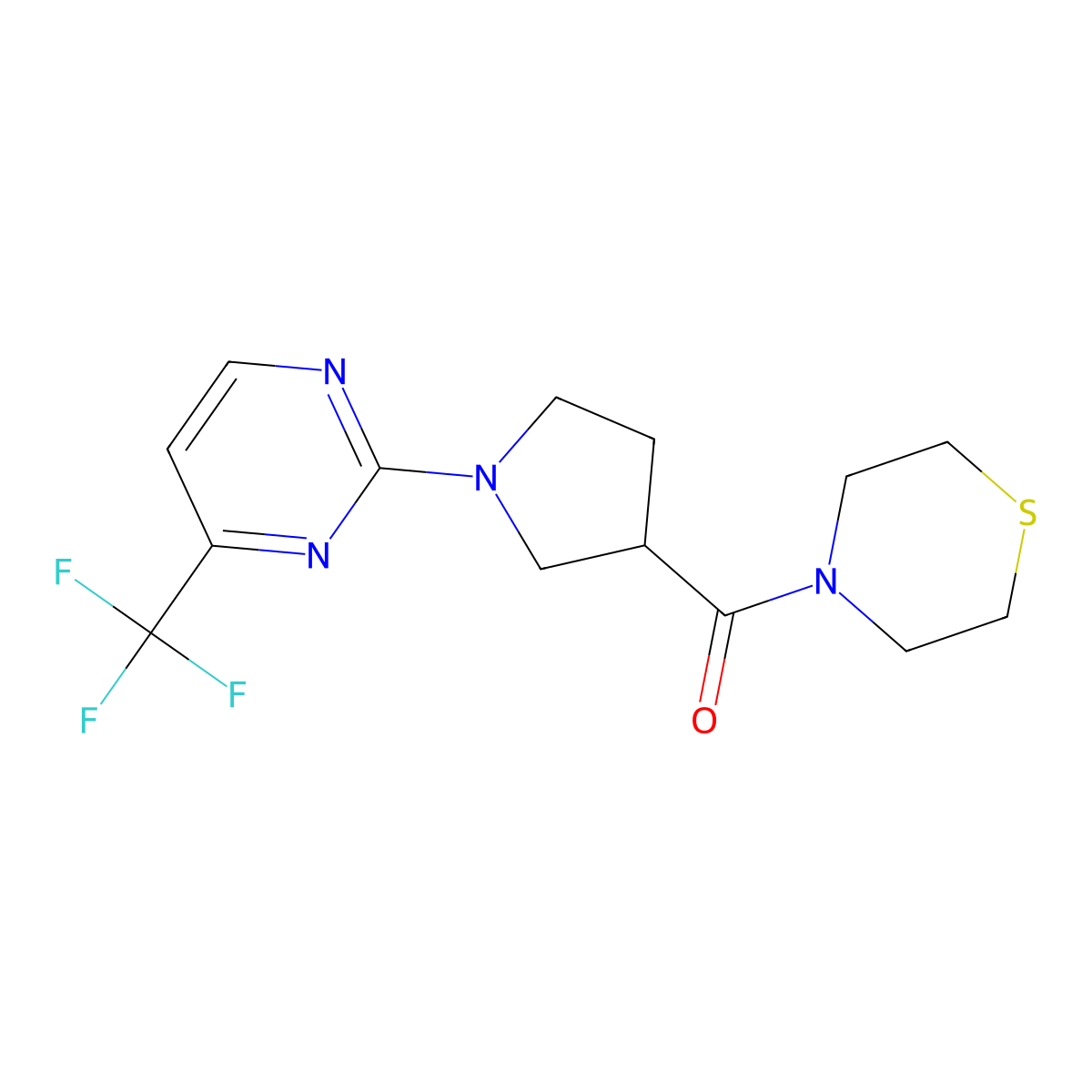 4-{1-[4-(Trifluoromethyl)pyrimidin-2-yl]pyrrolidine-3-carbonyl}thiomorpholine molecular structure, CAS 2877721-49-6