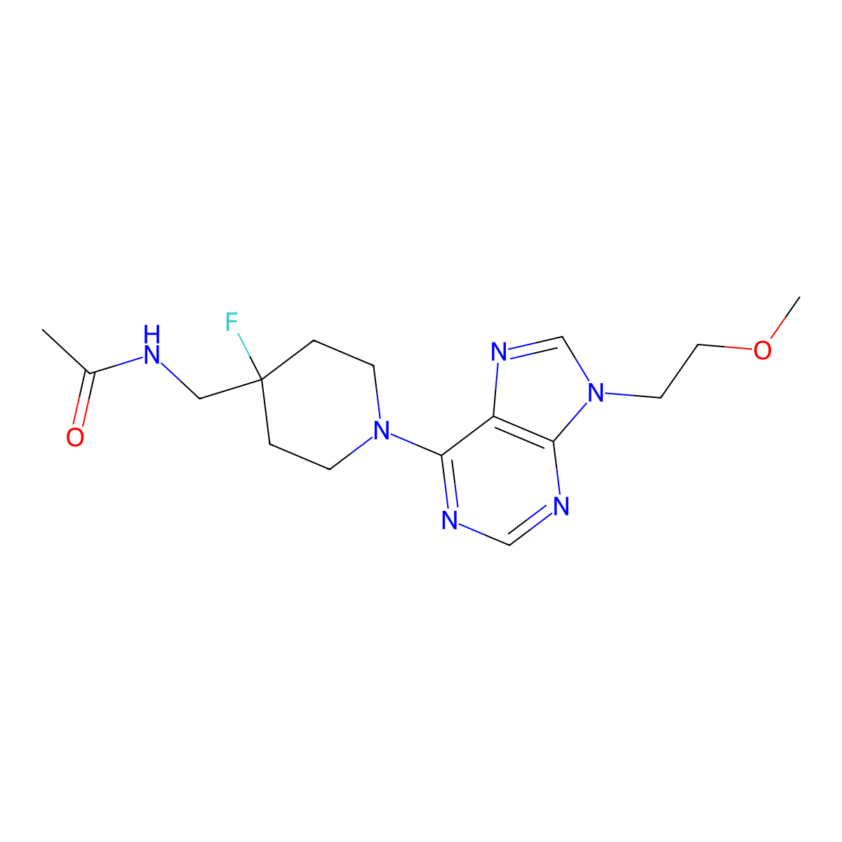 N-({4-fluoro-1-[9-(2-methoxyethyl)-9H-purin-6-yl]piperidin-4-yl}methyl)acetamide molecular structure, CAS 2877721-75-8