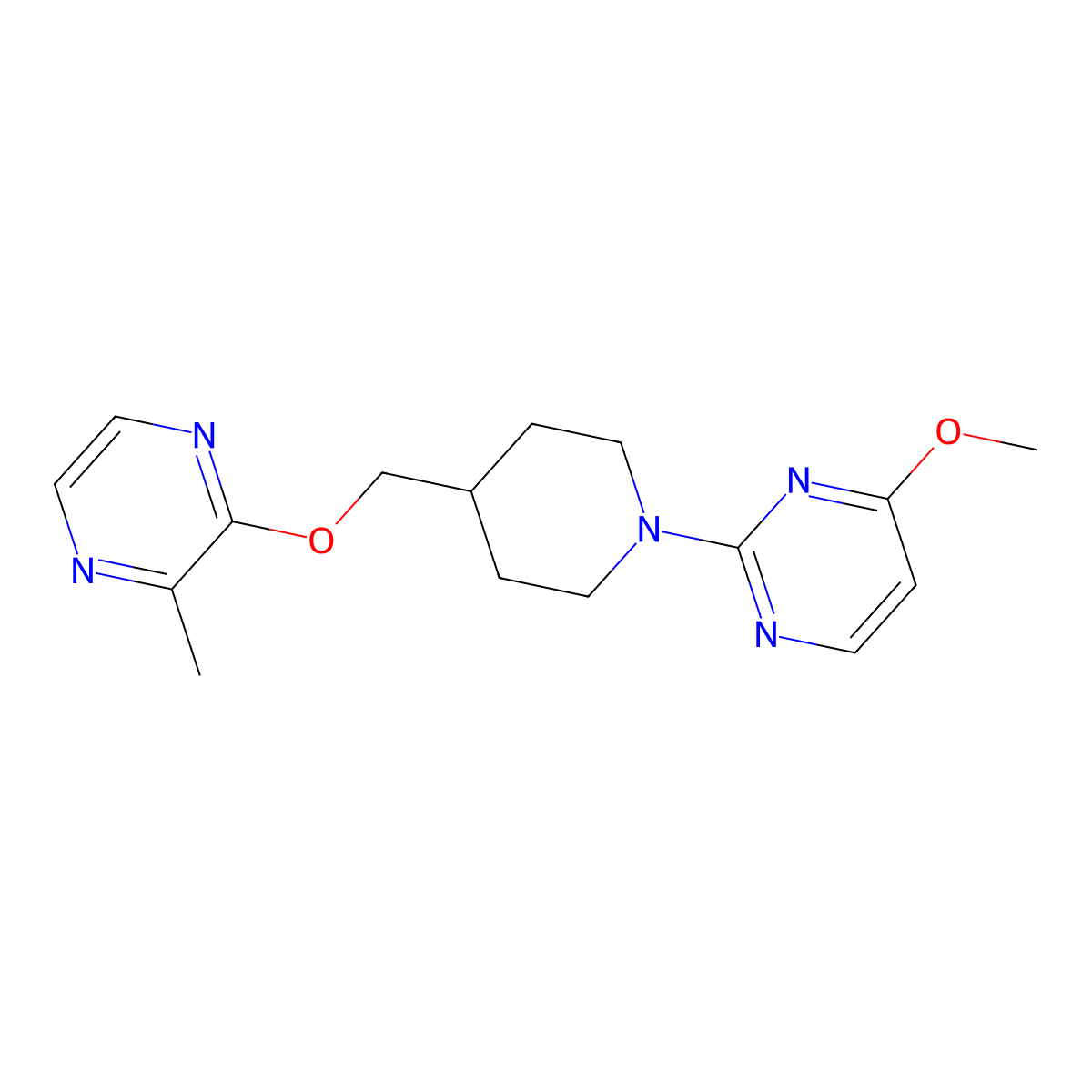 4-Methoxy-2-(4-{[(3-methylpyrazin-2-yl)oxy]methyl}piperidin-1-yl)pyrimidine molecular structure, CAS 2877721-84-9