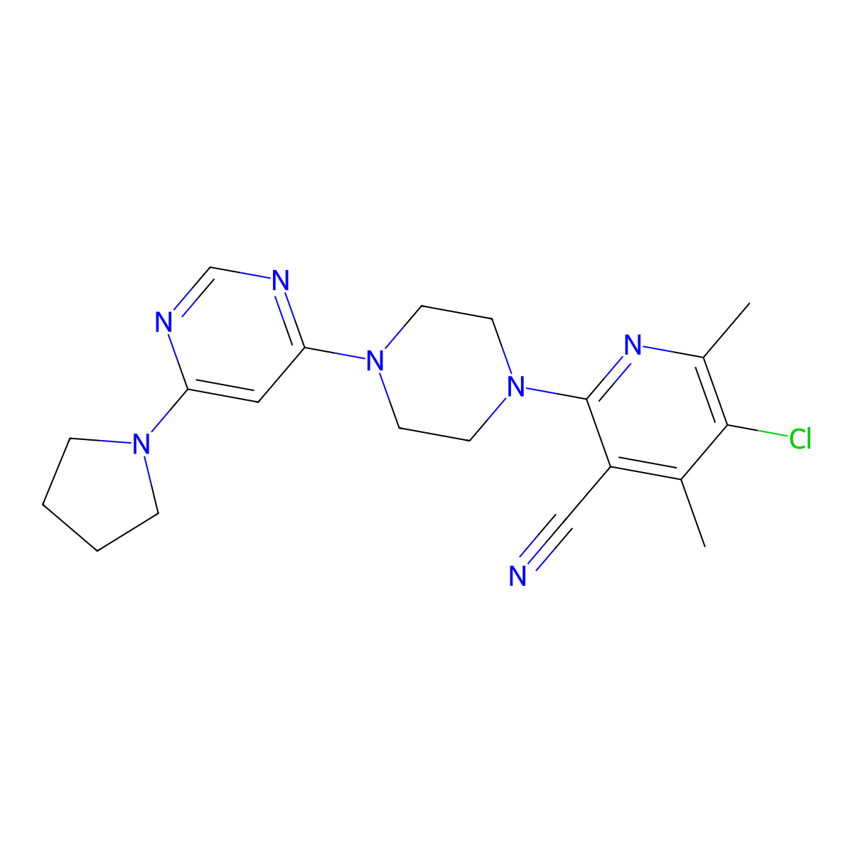 5-Chloro-4,6-dimethyl-2-{4-[6-(pyrrolidin-1-yl)pyrimidin-4-yl]piperazin-1-yl}pyridine-3-carbonitrile molecular structure, CAS 2877721-90-7