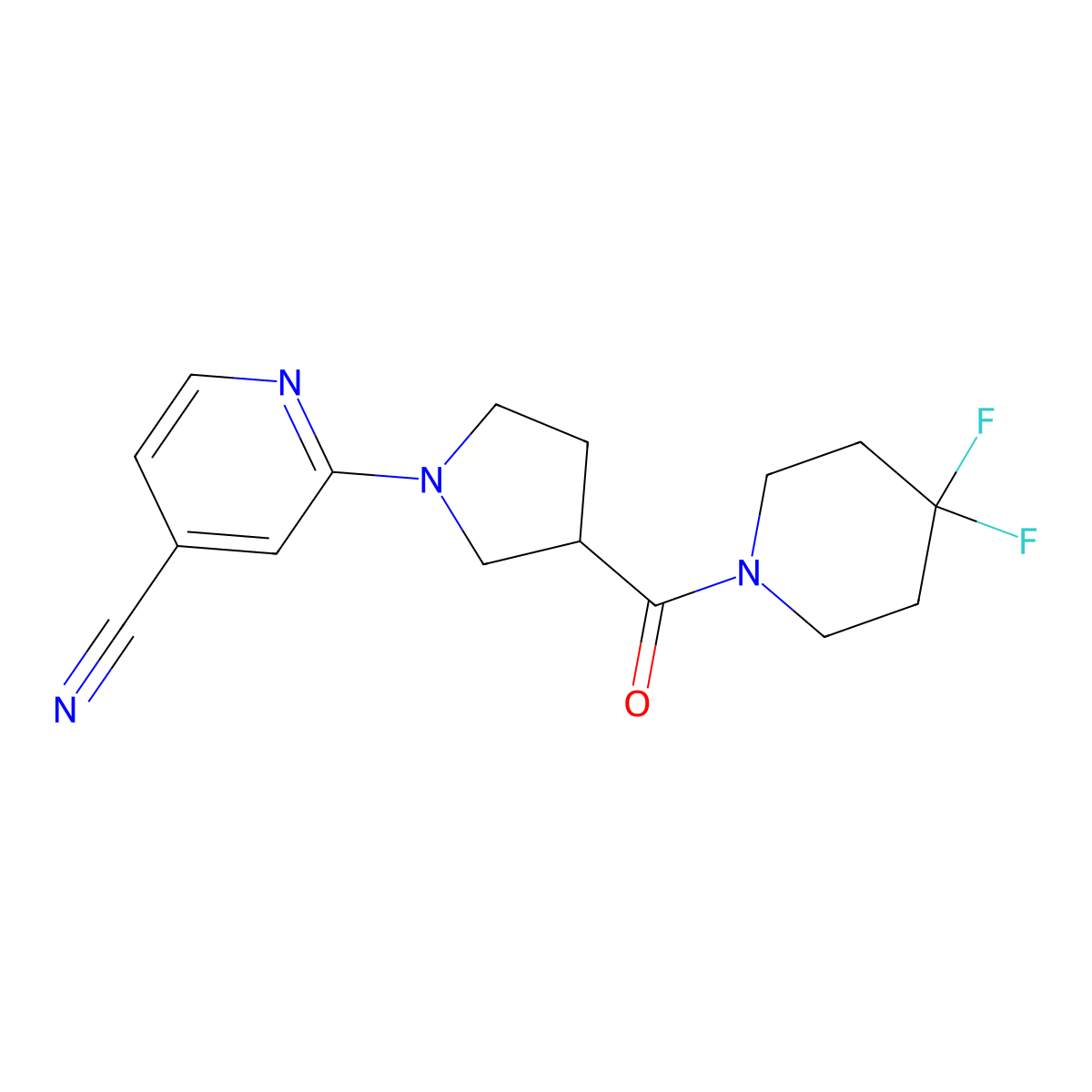 2-[3-(4,4-Difluoropiperidine-1-carbonyl)pyrrolidin-1-yl]pyridine-4-carbonitrile molecular structure, CAS 2877721-99-6