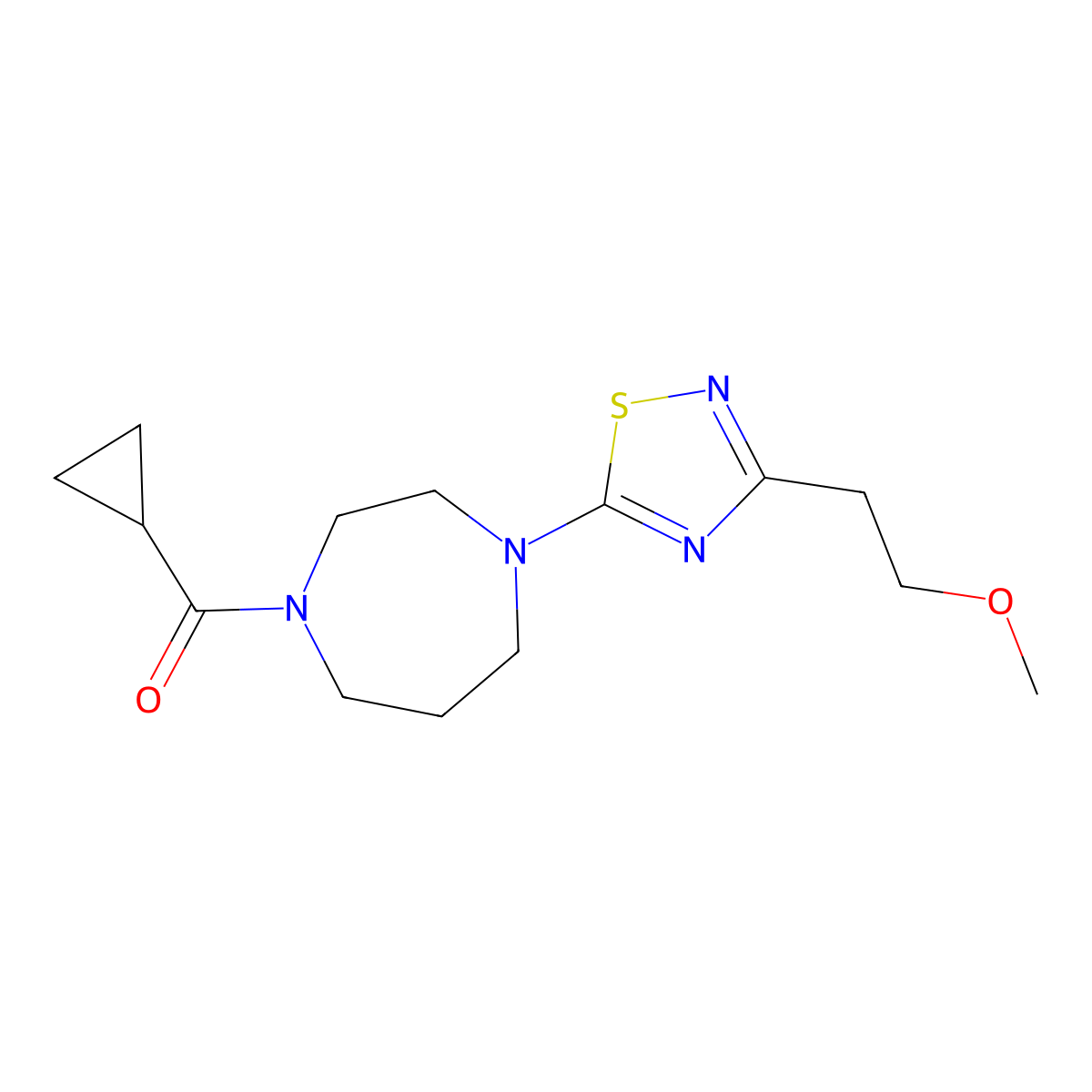 1-Cyclopropanecarbonyl-4-[3-(2-methoxyethyl)-1,2,4-thiadiazol-5-yl]-1,4-diazepane molecular structure, CAS 2877722-11-5
