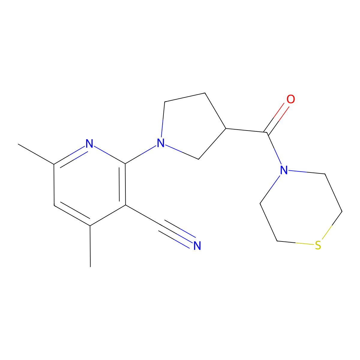 4,6-Dimethyl-2-[3-(thiomorpholine-4-carbonyl)pyrrolidin-1-yl]pyridine-3-carbonitrile molecular structure, CAS 2877722-13-7
