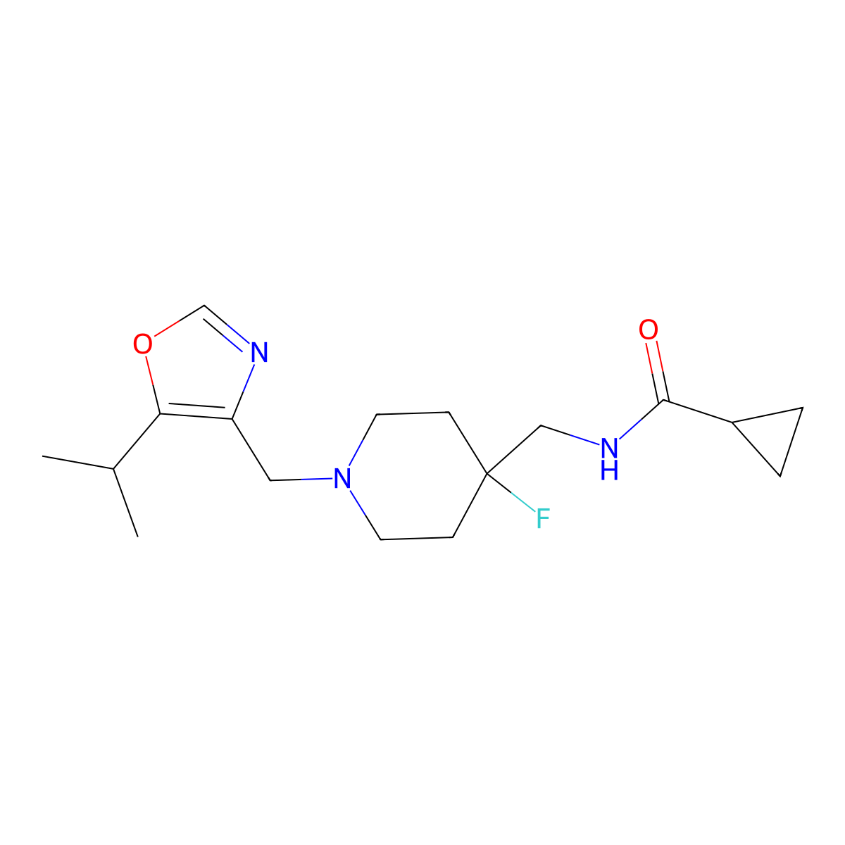 N-[(4-fluoro-1-{[5-(propan-2-yl)-1,3-oxazol-4-yl]methyl}piperidin-4-yl)methyl]cyclopropanecarboxamide molecular structure, CAS 2877722-14-8