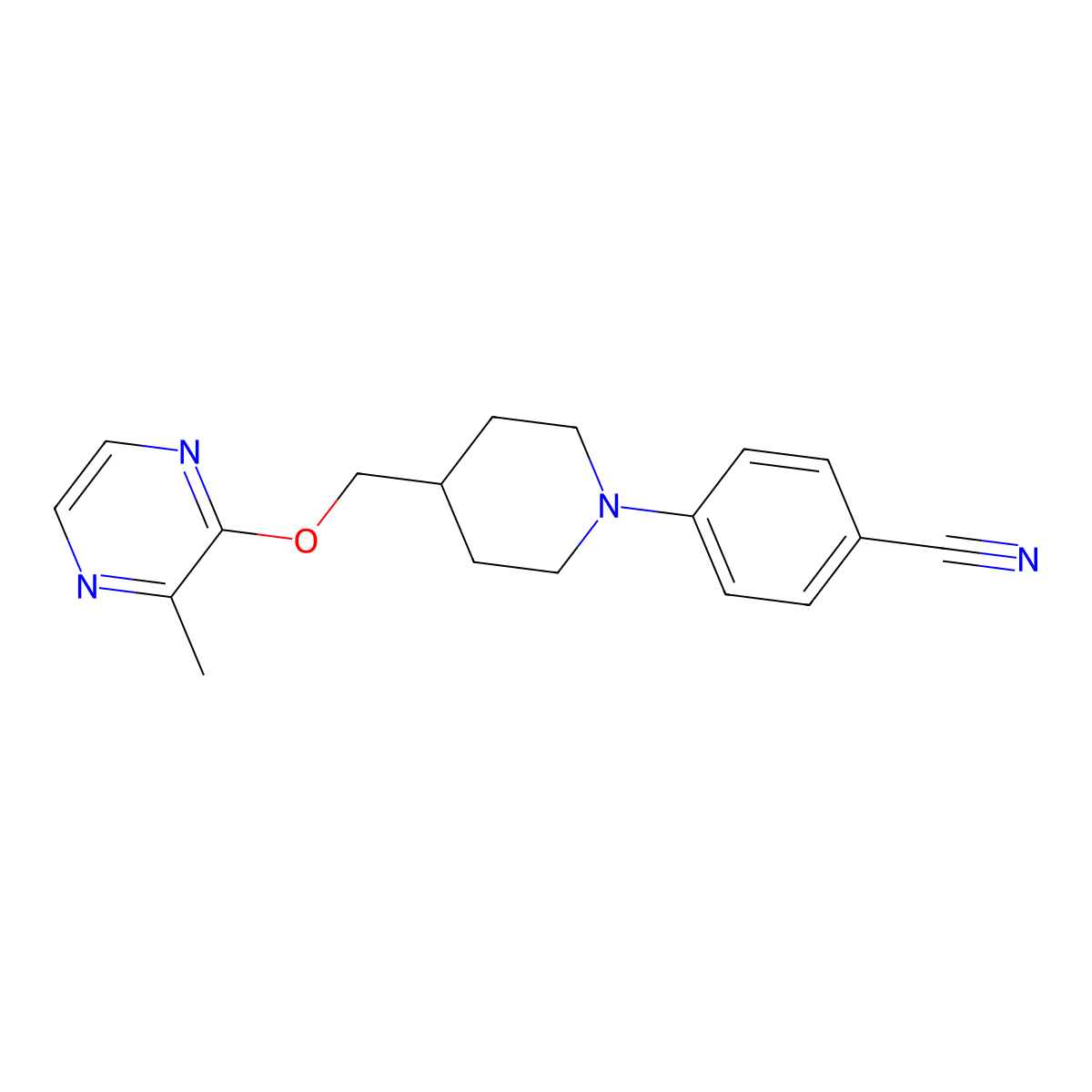 4-(4-{[(3-Methylpyrazin-2-yl)oxy]methyl}piperidin-1-yl)benzonitrile molecular structure, CAS 2877722-28-4