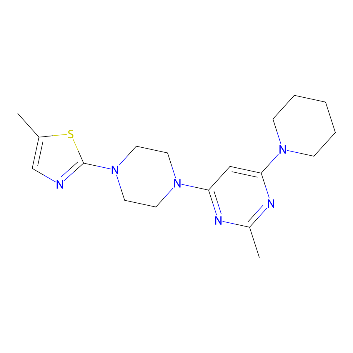 2-Methyl-4-[4-(5-methyl-1,3-thiazol-2-yl)piperazin-1-yl]-6-(piperidin-1-yl)pyrimidine molecular structure, CAS 2877749-99-8
