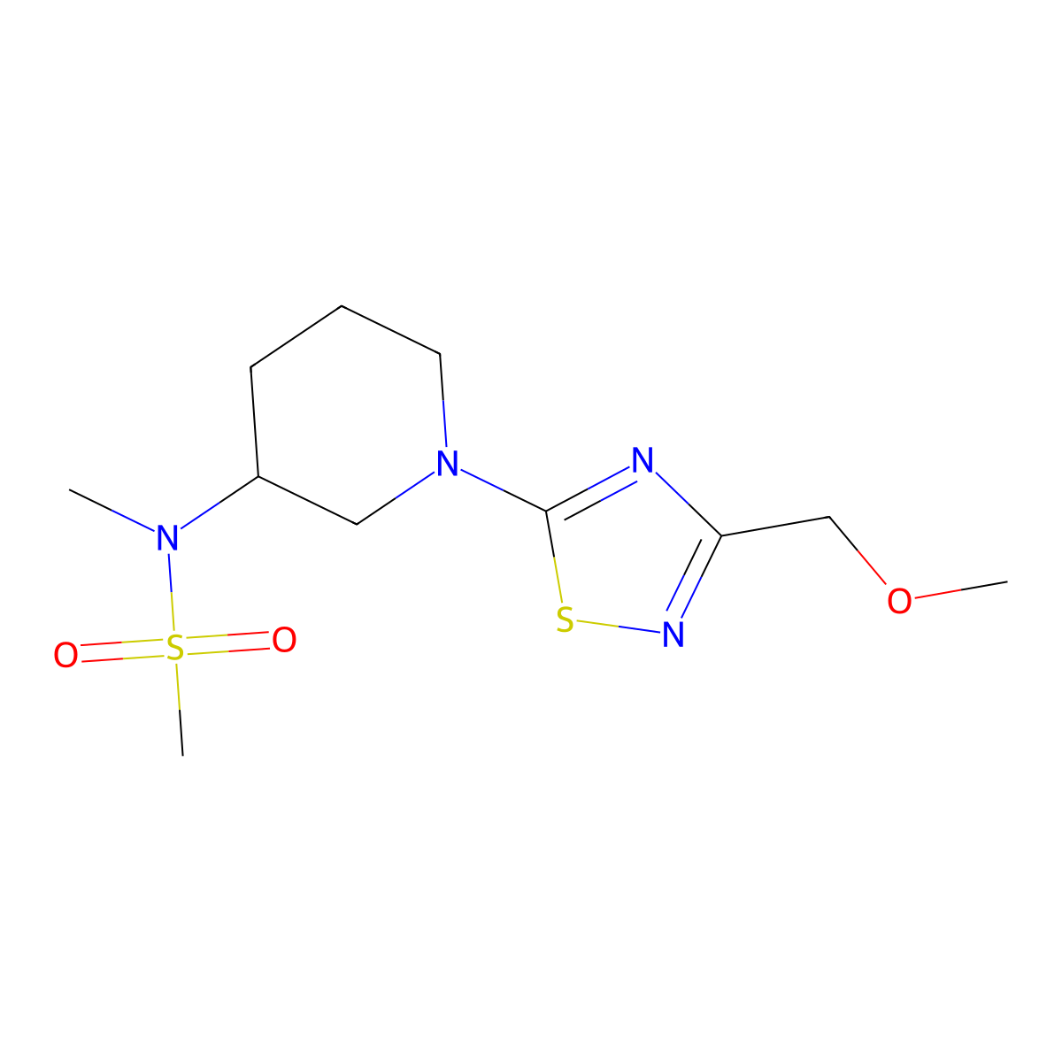 N-{1-[3-(methoxymethyl)-1,2,4-thiadiazol-5-yl]piperidin-3-yl}-N-methylmethanesulfonamide molecular structure, CAS 2877750-00-8