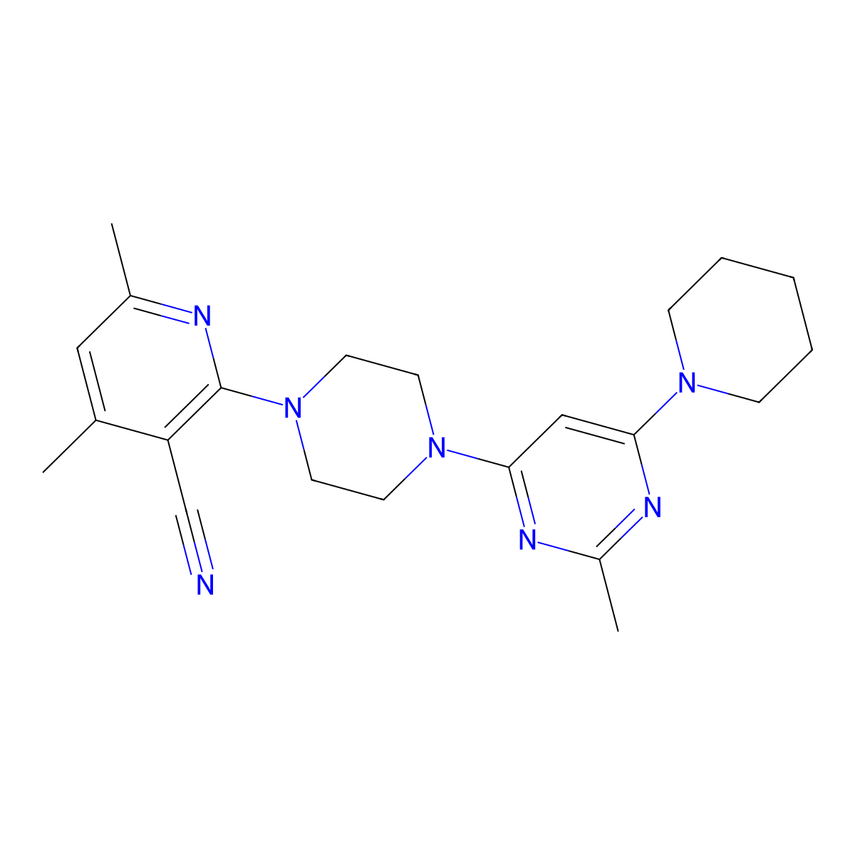 4,6-Dimethyl-2-{4-[2-methyl-6-(piperidin-1-yl)pyrimidin-4-yl]piperazin-1-yl}pyridine-3-carbonitrile molecular structure, CAS 2877750-06-4