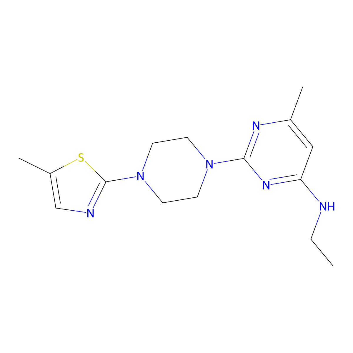 N-ethyl-6-methyl-2-[4-(5-methyl-1,3-thiazol-2-yl)piperazin-1-yl]pyrimidin-4-amine molecular structure, CAS 2877750-09-7