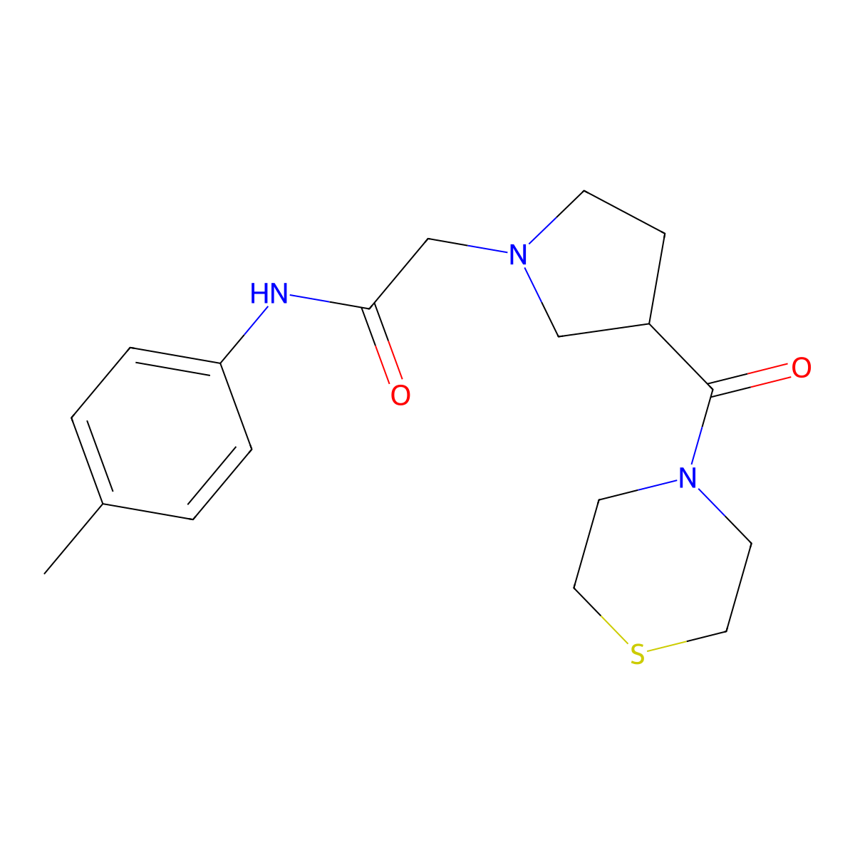 N-(4-methylphenyl)-2-[3-(thiomorpholine-4-carbonyl)pyrrolidin-1-yl]acetamide molecular structure, CAS 2877750-16-6