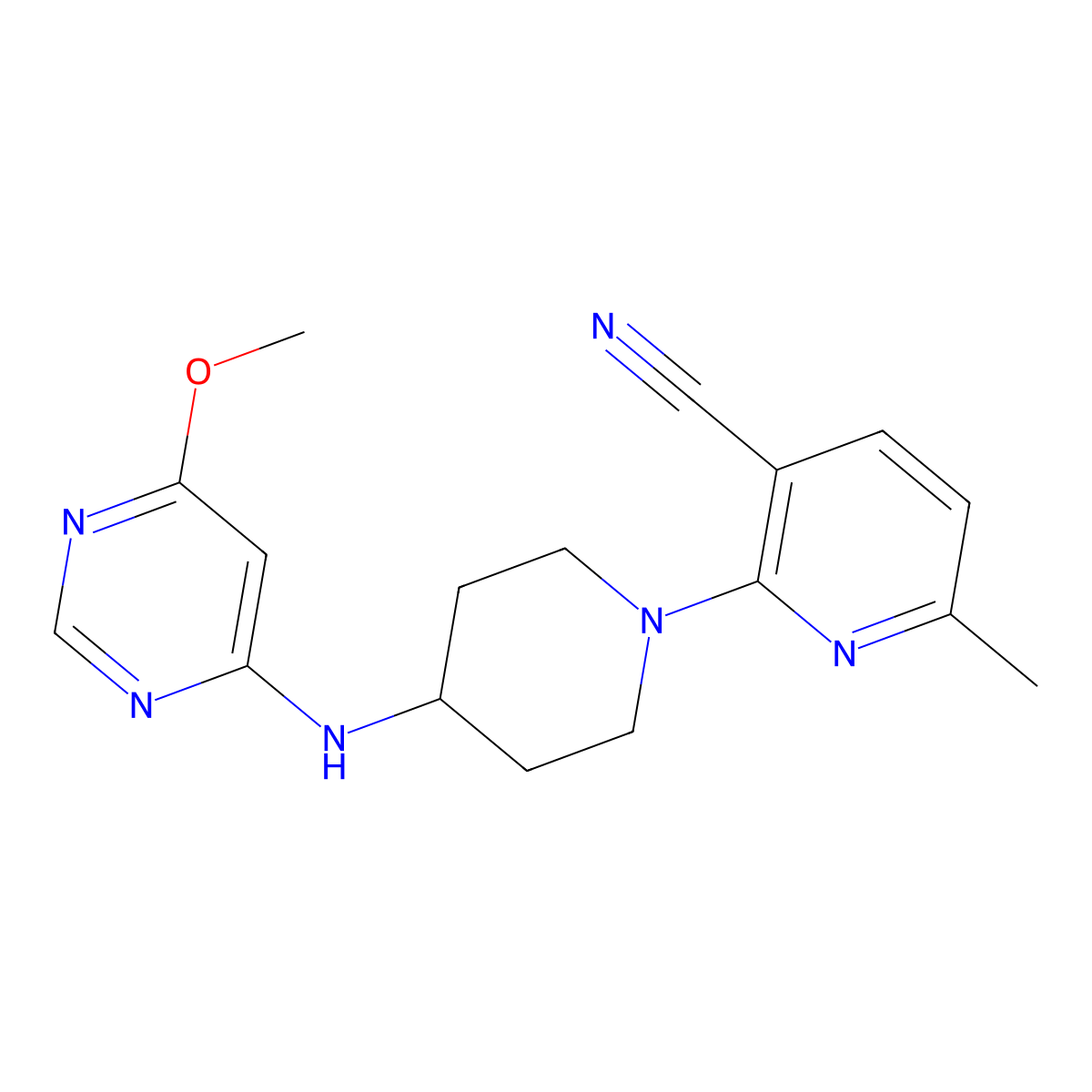 2-{4-[(6-Methoxypyrimidin-4-yl)amino]piperidin-1-yl}-6-methylpyridine-3-carbonitrile molecular structure, CAS 2877750-23-5