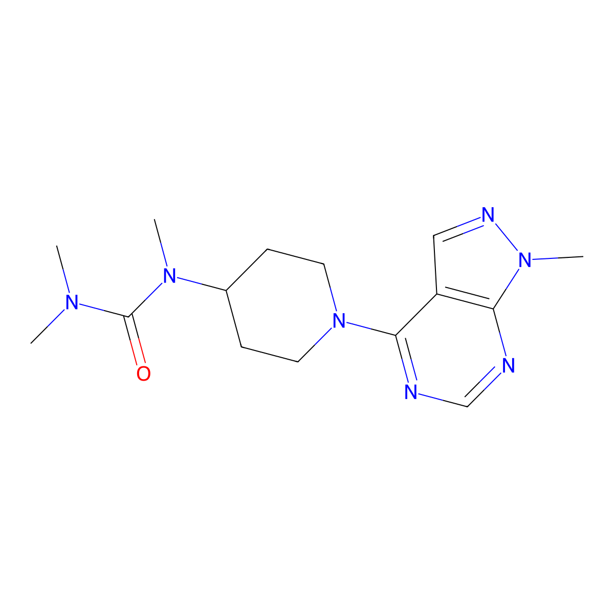 1,3,3-trimethyl-1-(1-{1-methyl-1H-pyrazolo[3,4-d]pyrimidin-4-yl}piperidin-4-yl)urea molecular structure, CAS 2877750-24-6