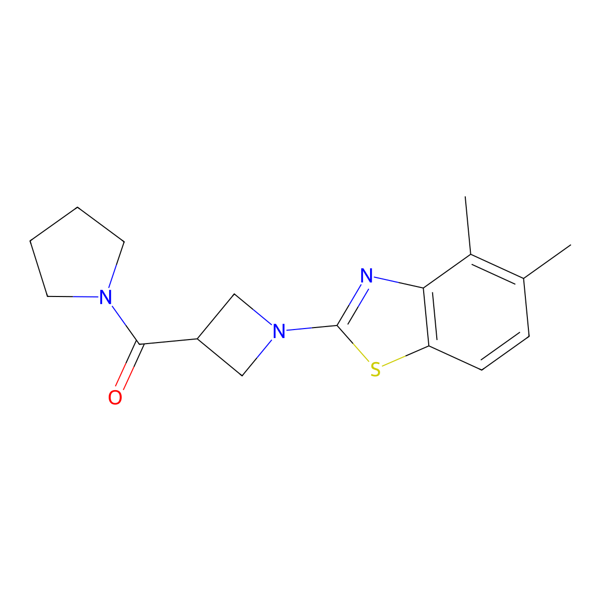 4,5-Dimethyl-2-[3-(pyrrolidine-1-carbonyl)azetidin-1-yl]-1,3-benzothiazole molecular structure, CAS 2877750-30-4