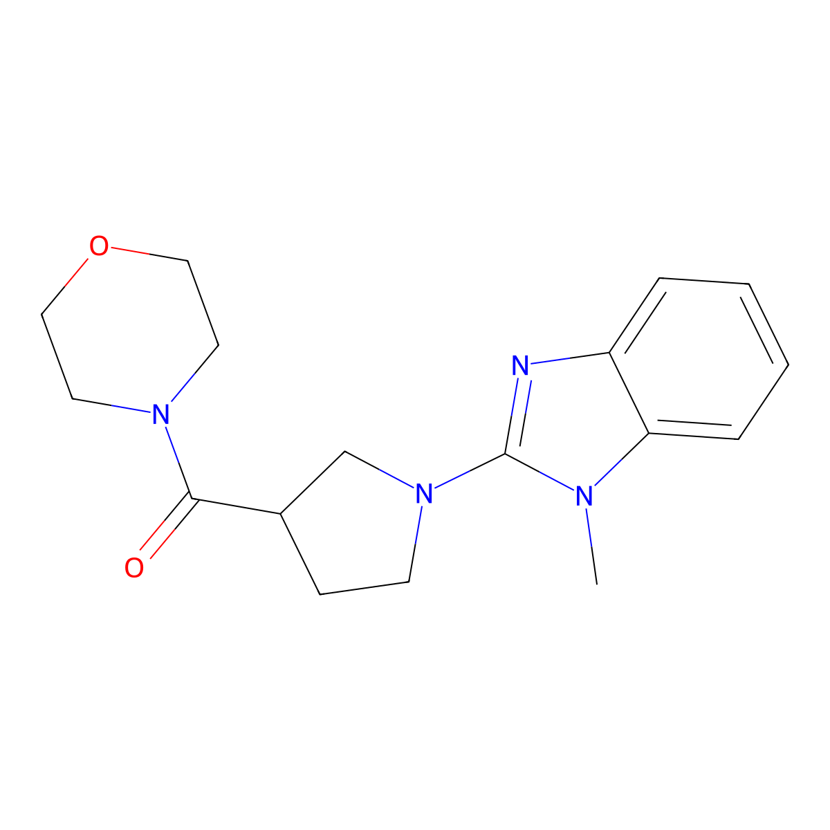 1-methyl-2-[3-(morpholine-4-carbonyl)pyrrolidin-1-yl]-1H-1,3-benzodiazole molecular structure, CAS 2877750-37-1