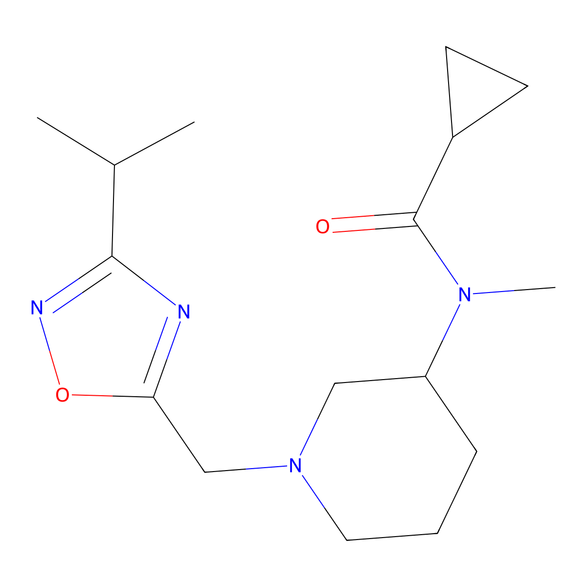 N-methyl-N-(1-{[3-(propan-2-yl)-1,2,4-oxadiazol-5-yl]methyl}piperidin-3-yl)cyclopropanecarboxamide molecular structure, CAS 2877750-39-3