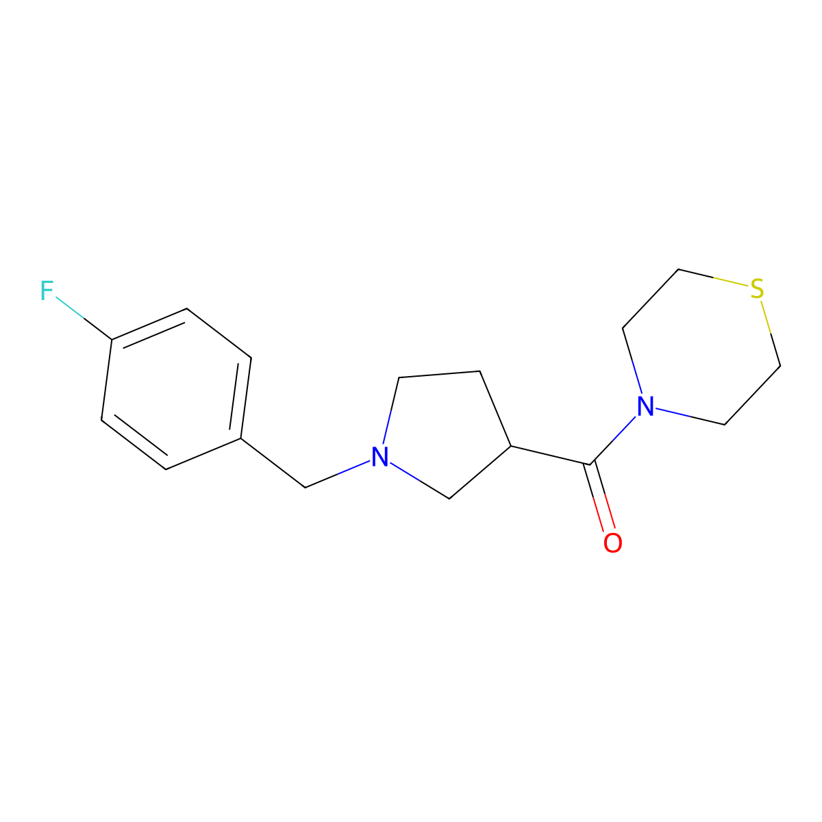 4-{1-[(4-Fluorophenyl)methyl]pyrrolidine-3-carbonyl}thiomorpholine molecular structure, CAS 2877750-48-4