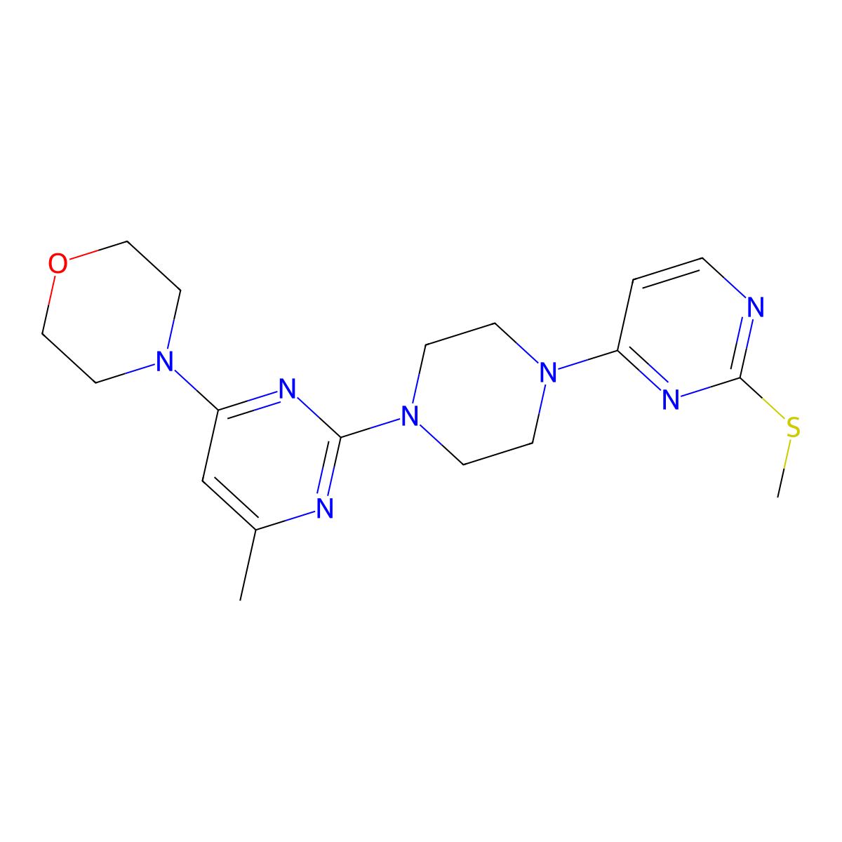 4-(6-Methyl-2-{4-[2-(methylsulfanyl)pyrimidin-4-yl]piperazin-1-yl}pyrimidin-4-yl)morpholine molecular structure, CAS 2877750-55-3