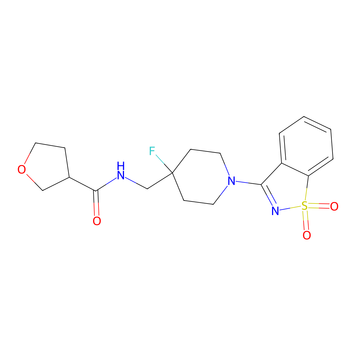 N-[[1-(1,1-dioxo-1,2-benzothiazol-3-yl)-4-fluoropiperidin-4-yl]methyl]oxolane-3-carboxamide molecular structure, CAS 2877750-59-7