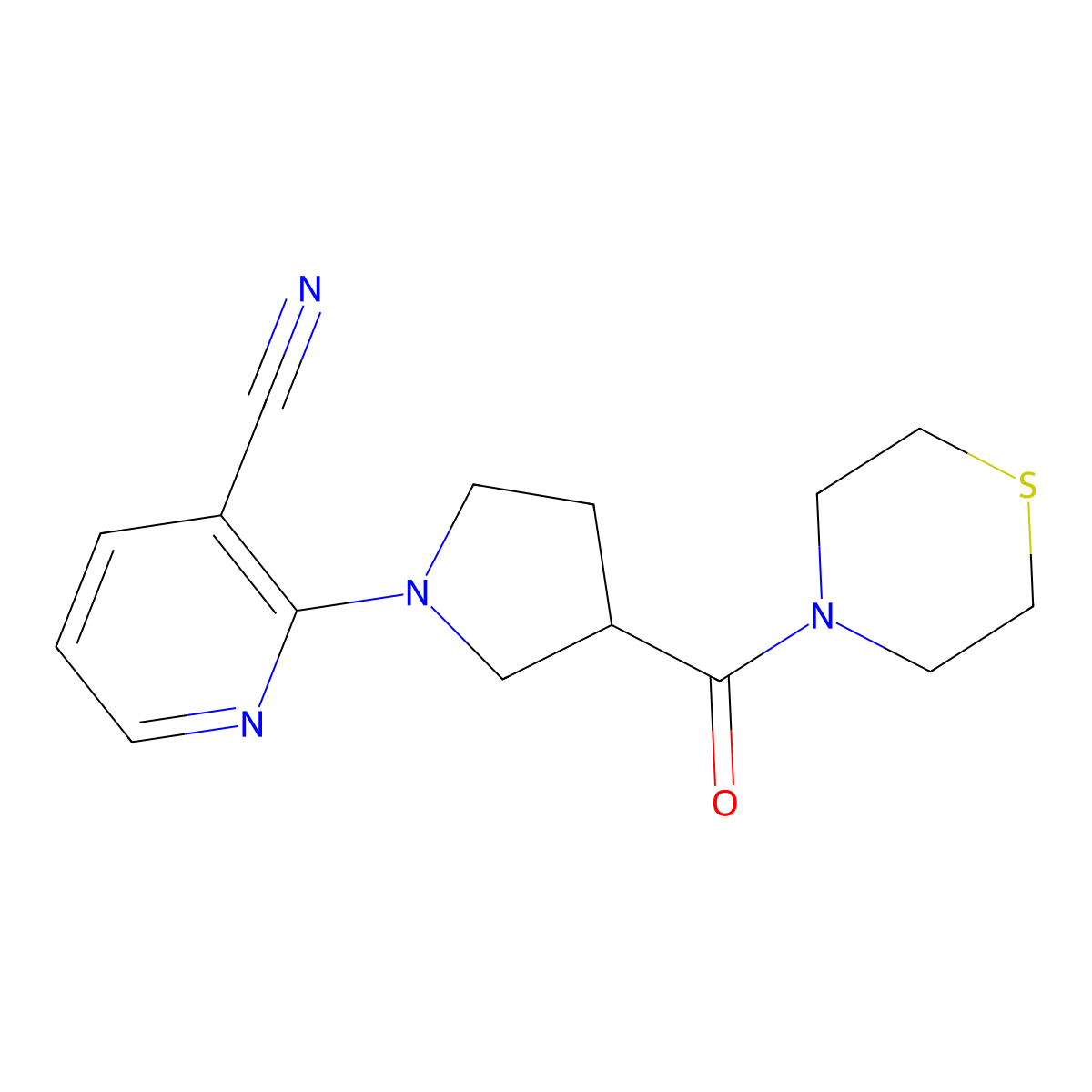 2-[3-(Thiomorpholine-4-carbonyl)pyrrolidin-1-yl]pyridine-3-carbonitrile molecular structure, CAS 2877750-63-3