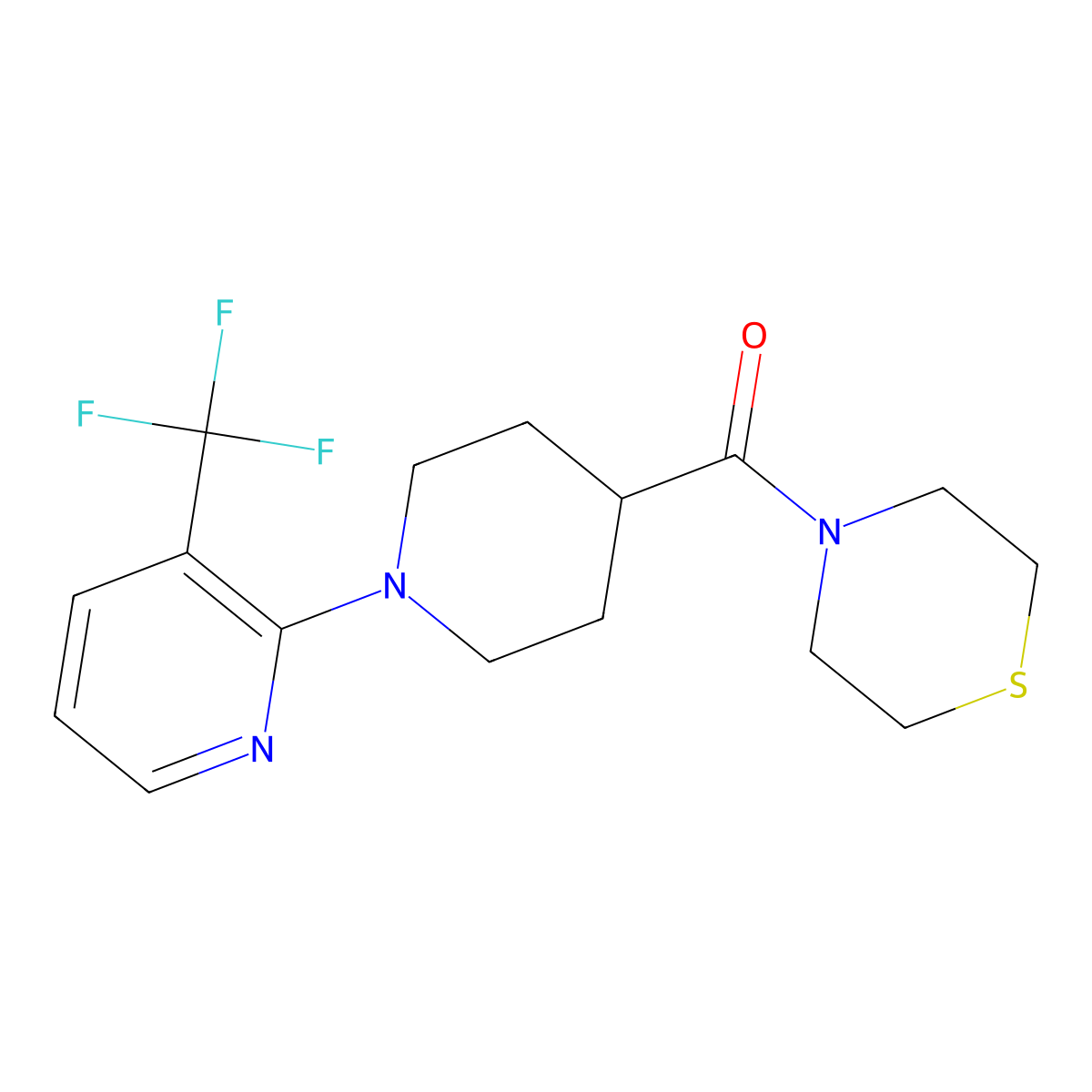 4-{1-[3-(Trifluoromethyl)pyridin-2-yl]piperidine-4-carbonyl}thiomorpholine molecular structure, CAS 2877750-64-4