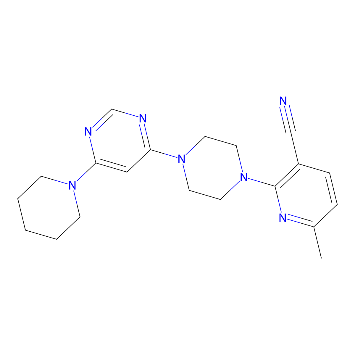 6-Methyl-2-{4-[6-(piperidin-1-yl)pyrimidin-4-yl]piperazin-1-yl}pyridine-3-carbonitrile molecular structure, CAS 2877750-70-2