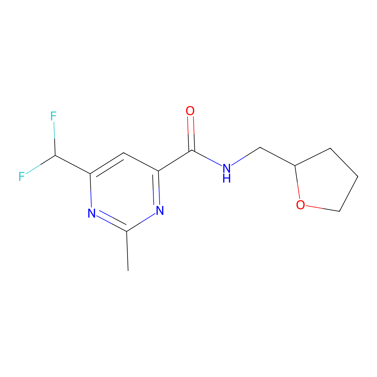 6-(difluoromethyl)-2-methyl-N-[(oxolan-2-yl)methyl]pyrimidine-4-carboxamide molecular structure, CAS 2877750-72-4