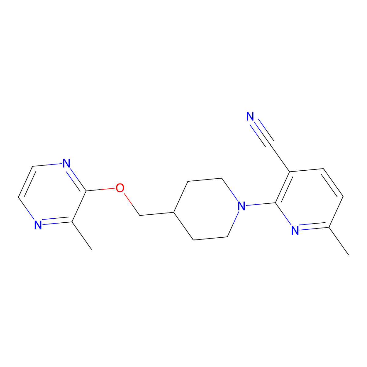 6-Methyl-2-(4-{[(3-methylpyrazin-2-yl)oxy]methyl}piperidin-1-yl)pyridine-3-carbonitrile molecular structure, CAS 2877750-73-5