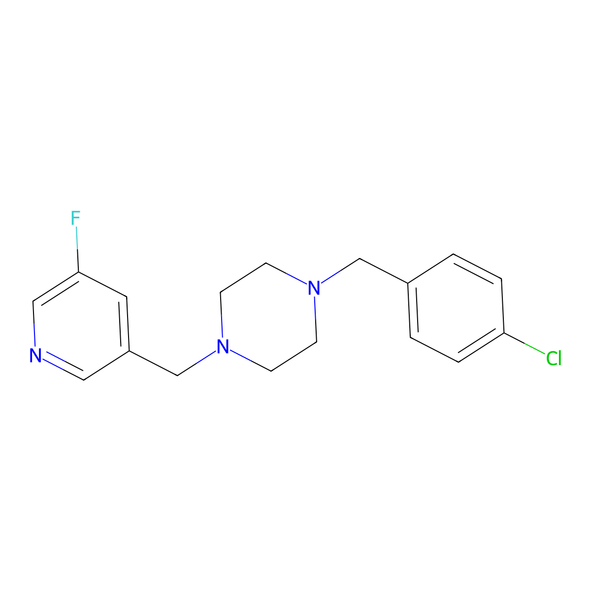 1-[(4-Chlorophenyl)methyl]-4-[(5-fluoropyridin-3-yl)methyl]piperazine molecular structure, CAS 2877750-75-7