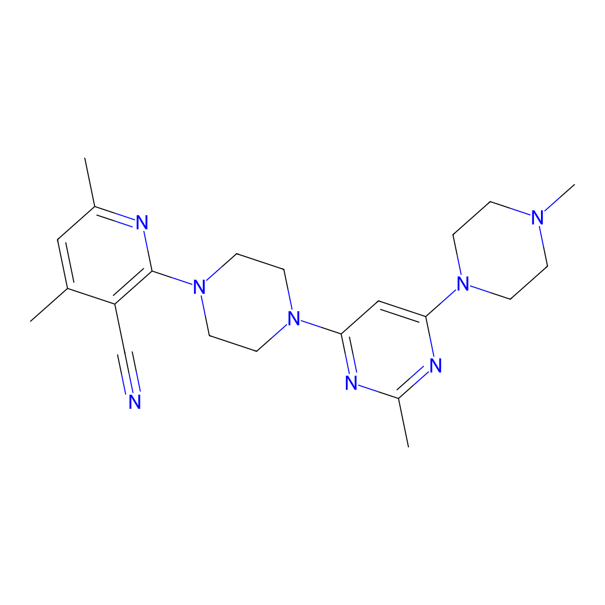 4,6-Dimethyl-2-{4-[2-methyl-6-(4-methylpiperazin-1-yl)pyrimidin-4-yl]piperazin-1-yl}pyridine-3-carbonitrile molecular structure, CAS 2877750-93-9